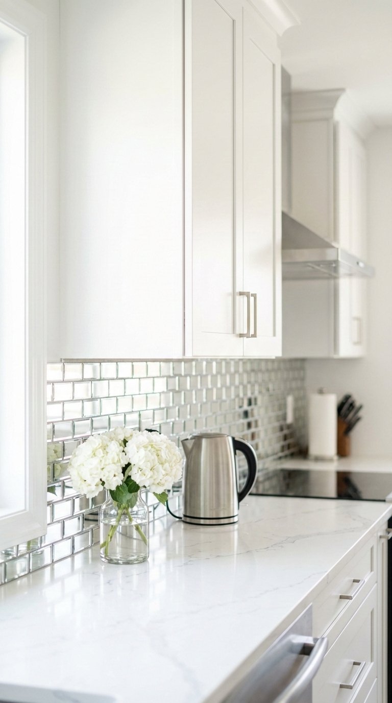Bright and airy small kitchen with white cabinets, glossy backsplash tiles, quartz countertops, and reflective finishes to visually expand space.