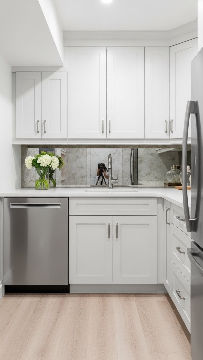 Bright basement kitchen with reflective surfaces and light color palette creating illusion of expanded space