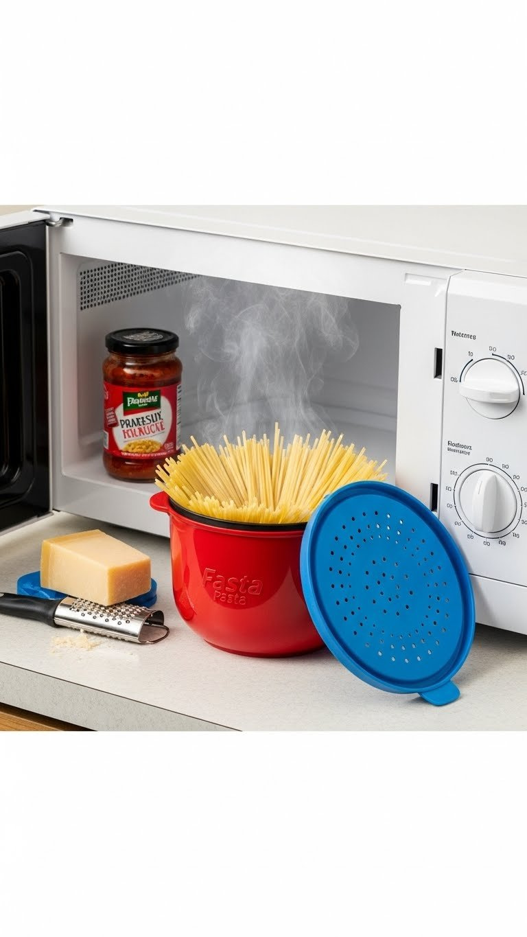 Bright colored microwave pasta cooker with steamed spaghetti on laminate countertop next to jar of pasta sauce.