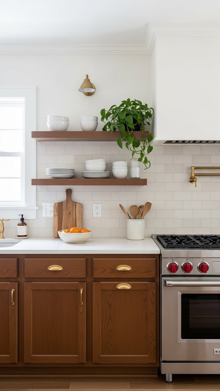 Bright cream kitchen walls with white ceiling contrasting warm espresso brown cabinets in minimalist symmetrical layout