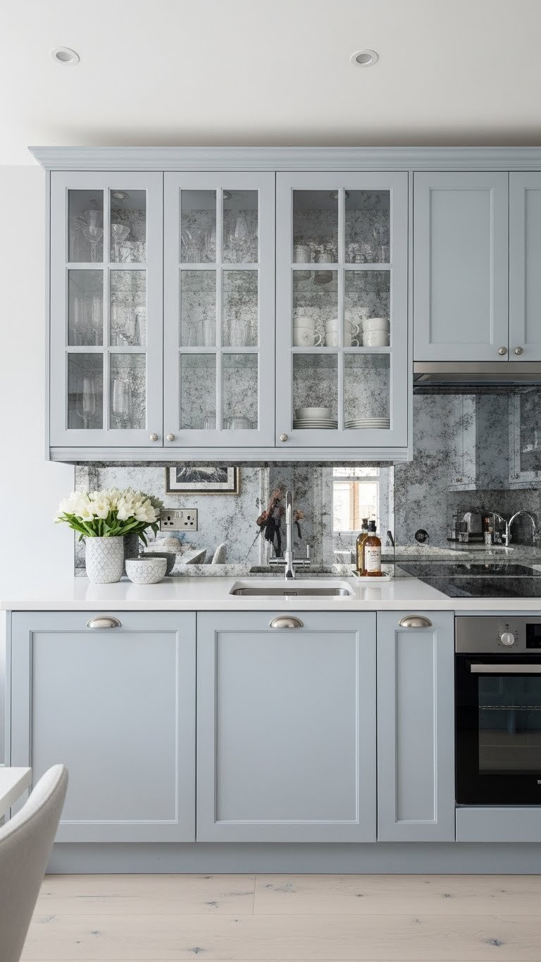 Bright enclosed kitchen with reflective glass-front cabinets and mirrored backsplash creating visual expansion.
