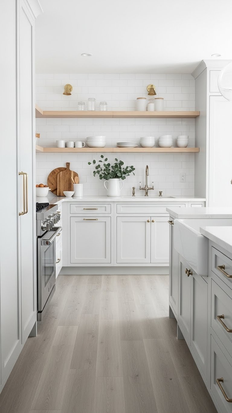 Bright galley kitchen with light ash grey vinyl flooring, natural wood open shelving, white ceramic dishes, and airy expansive layout.