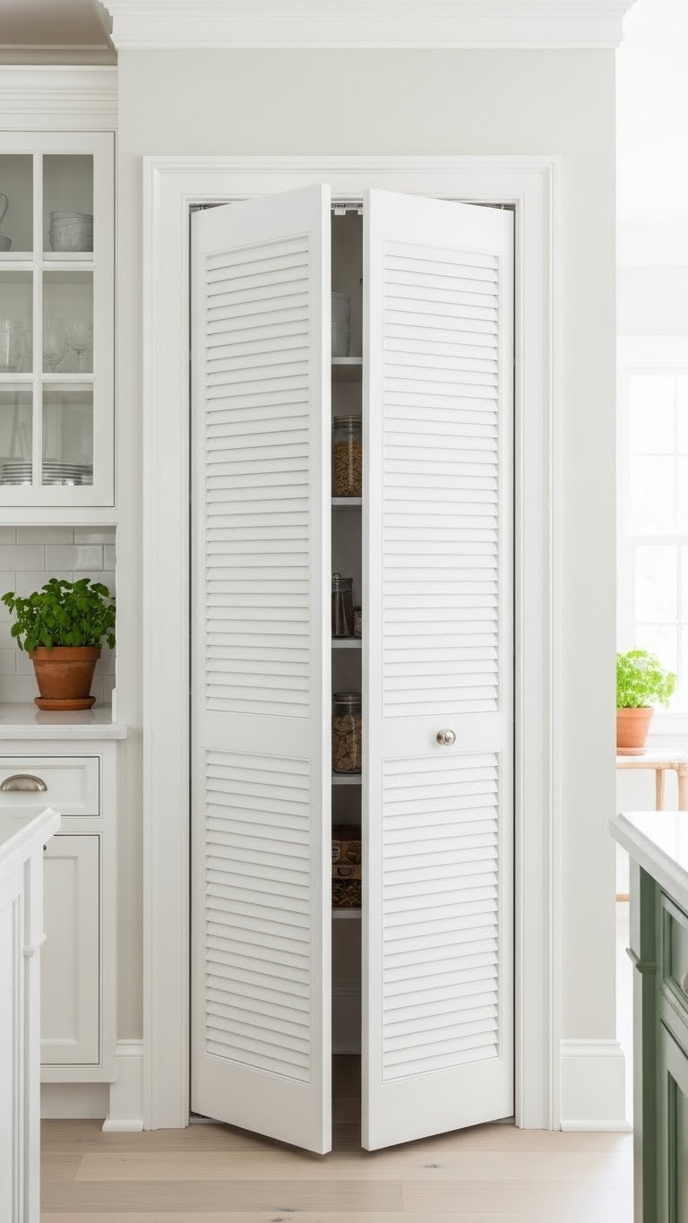 Bright kitchen featuring crisp white louvered pantry doors, slightly parted to show organized shelving.