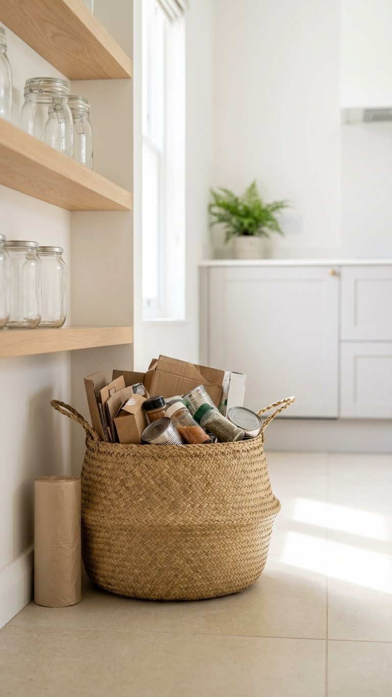 Minimalist Kitchen Pantry: 11 Smart Ideas To Organize 1 Bright kitchen pantry shows a full basket for decluttering next to empty shelves, ready for minimalist organization with clear containers.