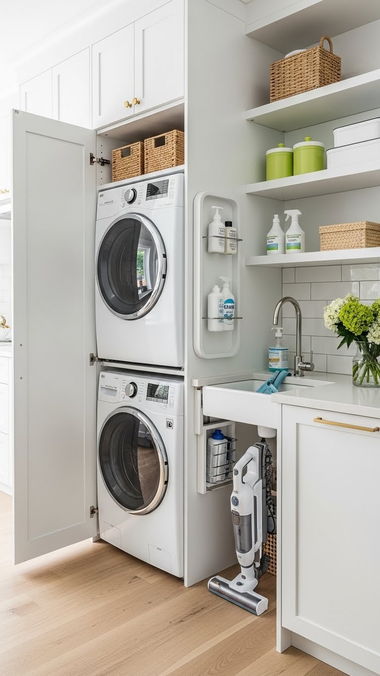 Space-Saving Kitchen Pantry Laundry Room Ideas 13 Bright kitchen pantry utility nook: compact laundry, fold-down counter, cleaning storage, and charging station.
