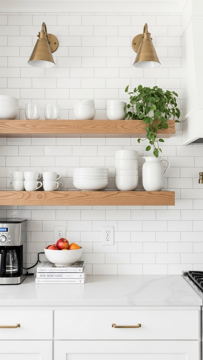 Diy Small Kitchen Ideas: 11 Budget Hacks For A High-End Look 3 Bright kitchen with stylish open shelving featuring white ceramics and plants against subway tile backsplash