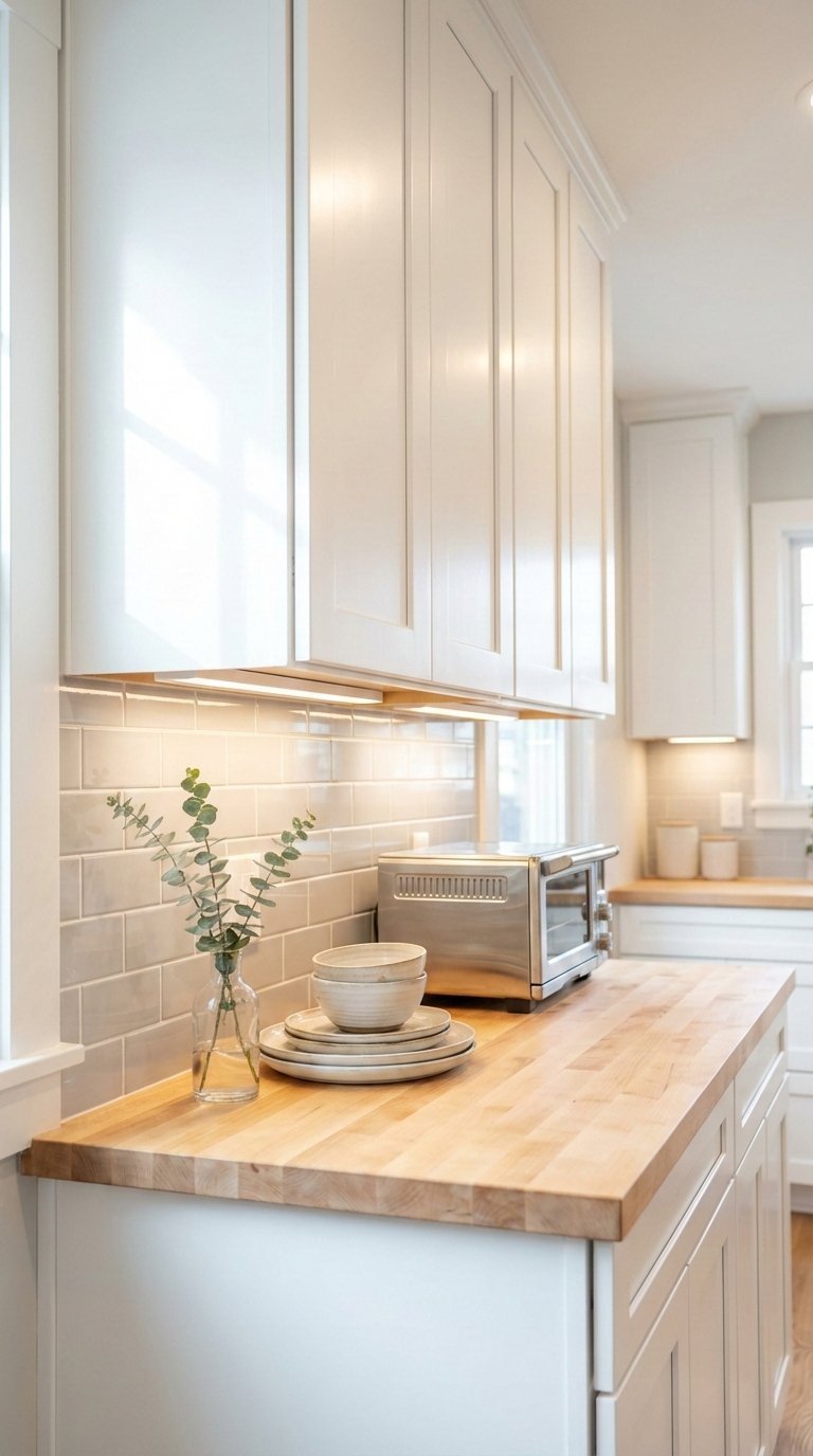 Small Kitchen Renovation: 5 Proven Ways To Maximize Your Space 7 Bright kitchen with white cabinets reflecting light, gray backsplash, and LED under-cabinet lighting
