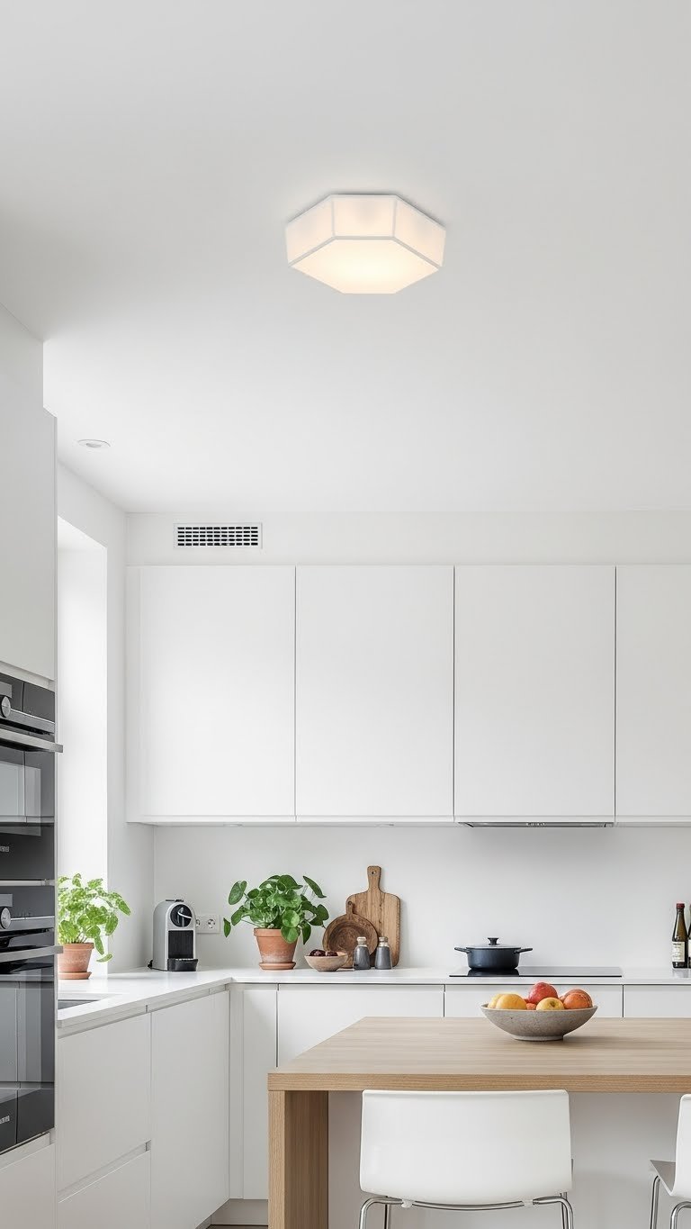 Bright minimalist Scandinavian kitchen with flush mount ceiling fixture providing uniform ambient light over white cabinetry