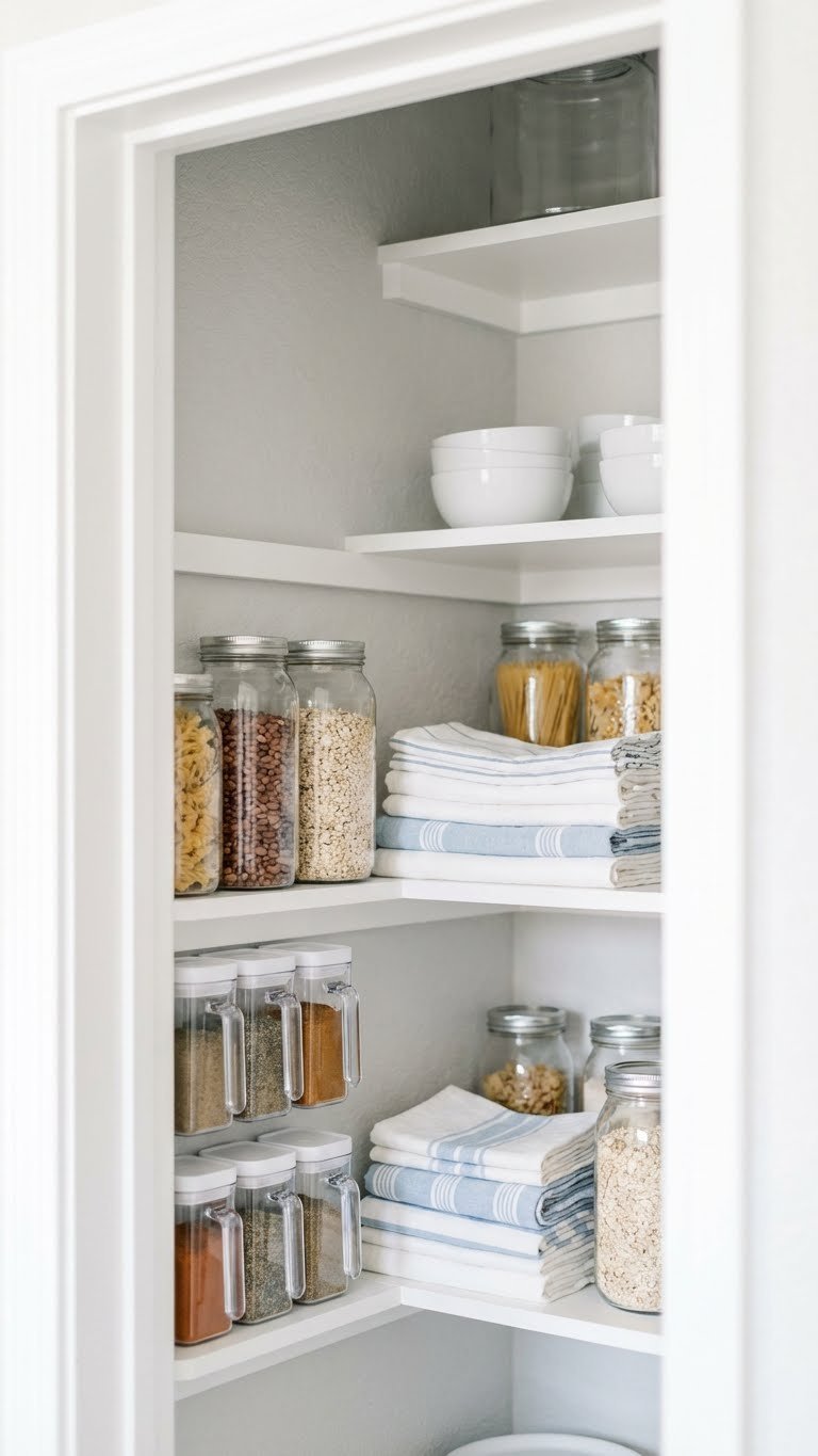 7 Genius Kitchen Pantry Closet Ideas For Ultimate Storage 5 Bright, minimalist small kitchen pantry features smart vertical storage with narrow shelves, clear containers, and spice jars, maximizing compact space.