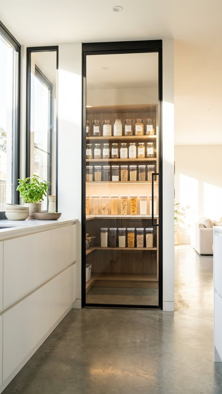 Bright modern kitchen displays a sleek clear glass pantry door revealing an impeccably organized pantry with uniform containers and natural light.