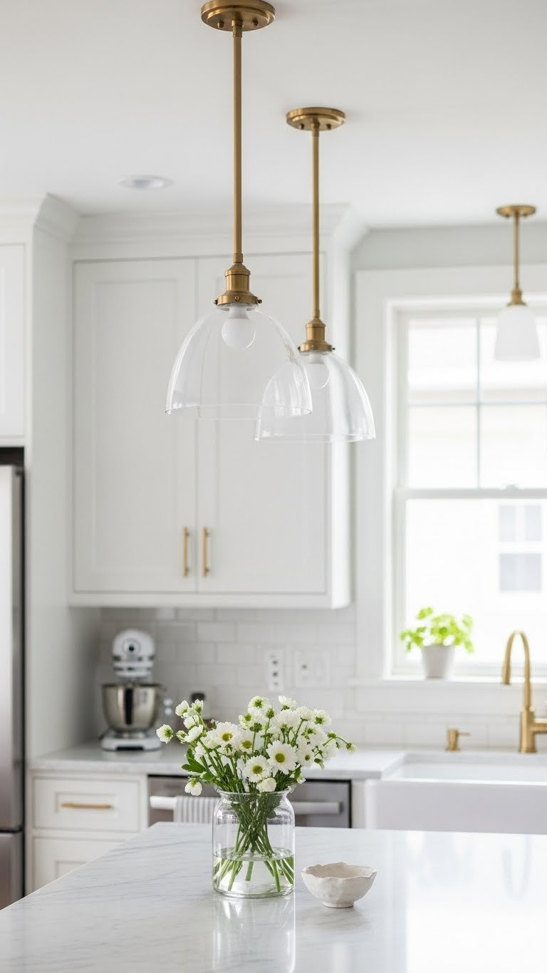 Bright modern kitchen with elegant recessed lighting illuminating clean marble countertop workspace