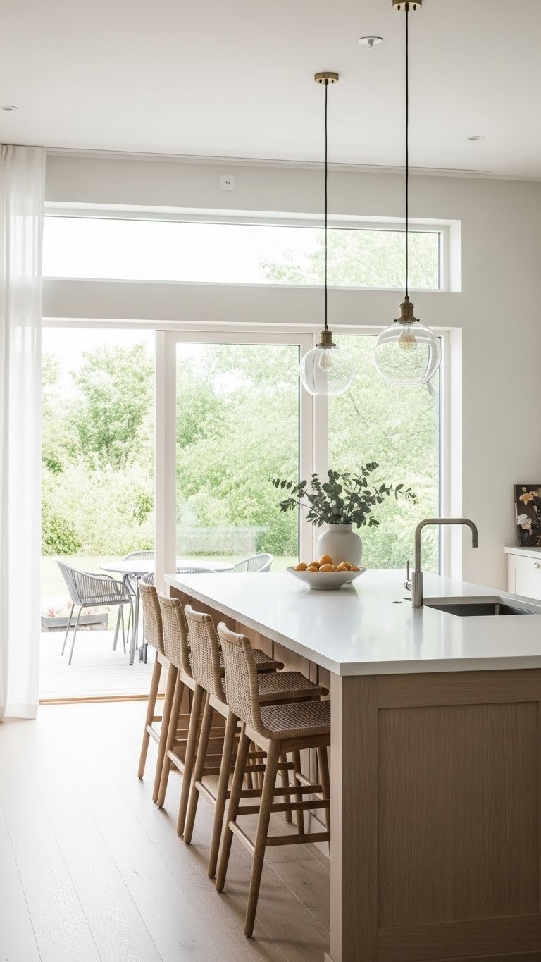 Bright modern scandi kitchen with expansive windows, open-concept layout, and natural light flooding the airy space