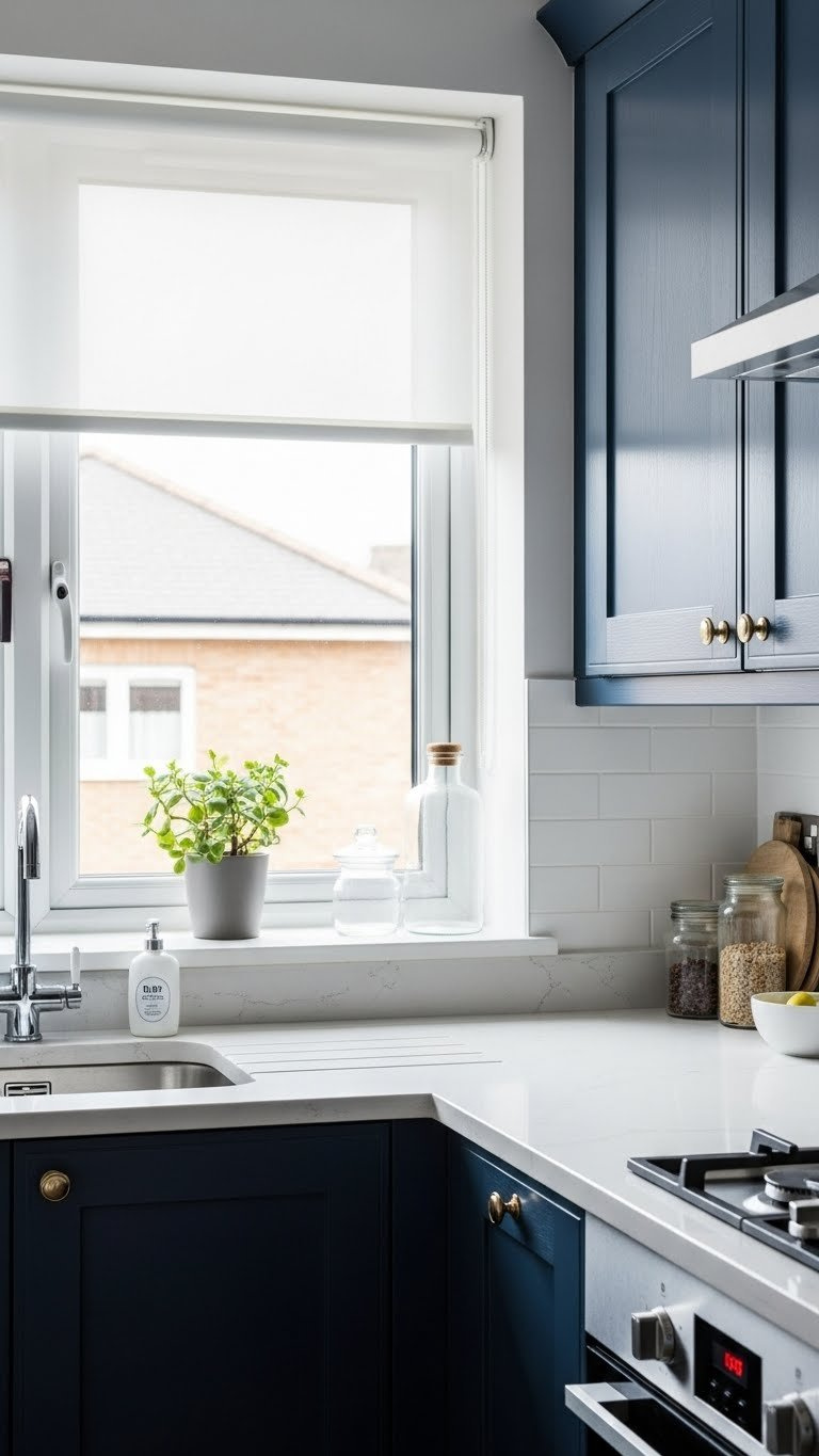 Bright navy kitchen with large window and sheer white blinds flooding space with natural light on white countertops