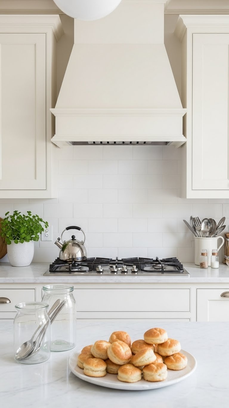 Bright off-white compact kitchen with marble countertops, clear glass jars, and silver utensils in airy daylight.