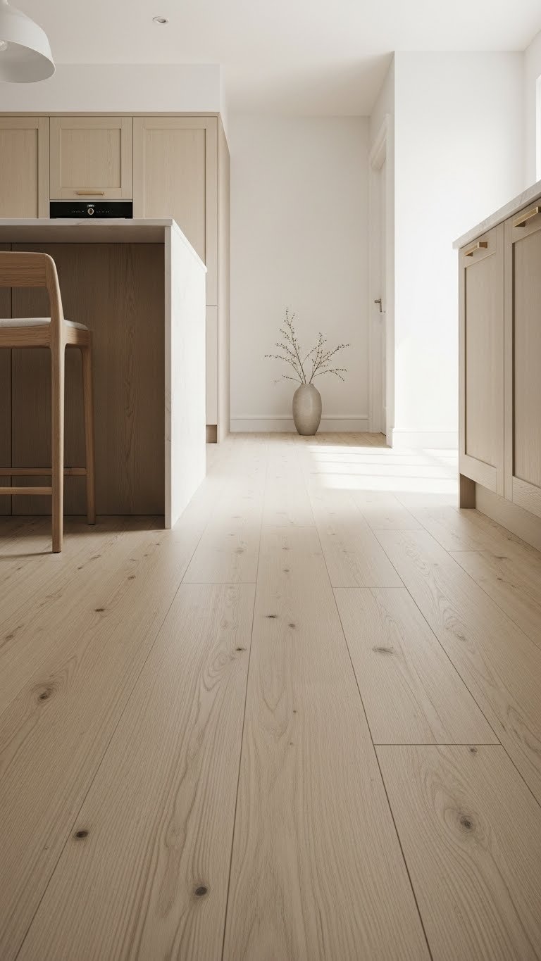 Bright open kitchen living room with seamless light oak hardwood flooring, connecting a modern kitchen to a minimalist living area. Fresh, clean design.