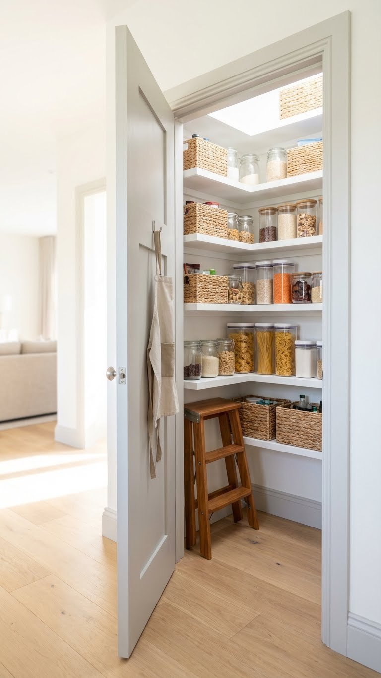Smart Mini Pantry Ideas For Small Spaces: 9 Proven Tips 5 Bright, organized hidden pantry in a small closet, featuring custom shelving, clear containers, and elegant baskets.