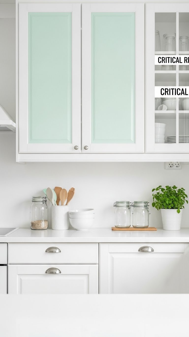 Bright pastel mint green Scandinavian kitchen with crisp white cabinets and airy minimalist design in natural daylight