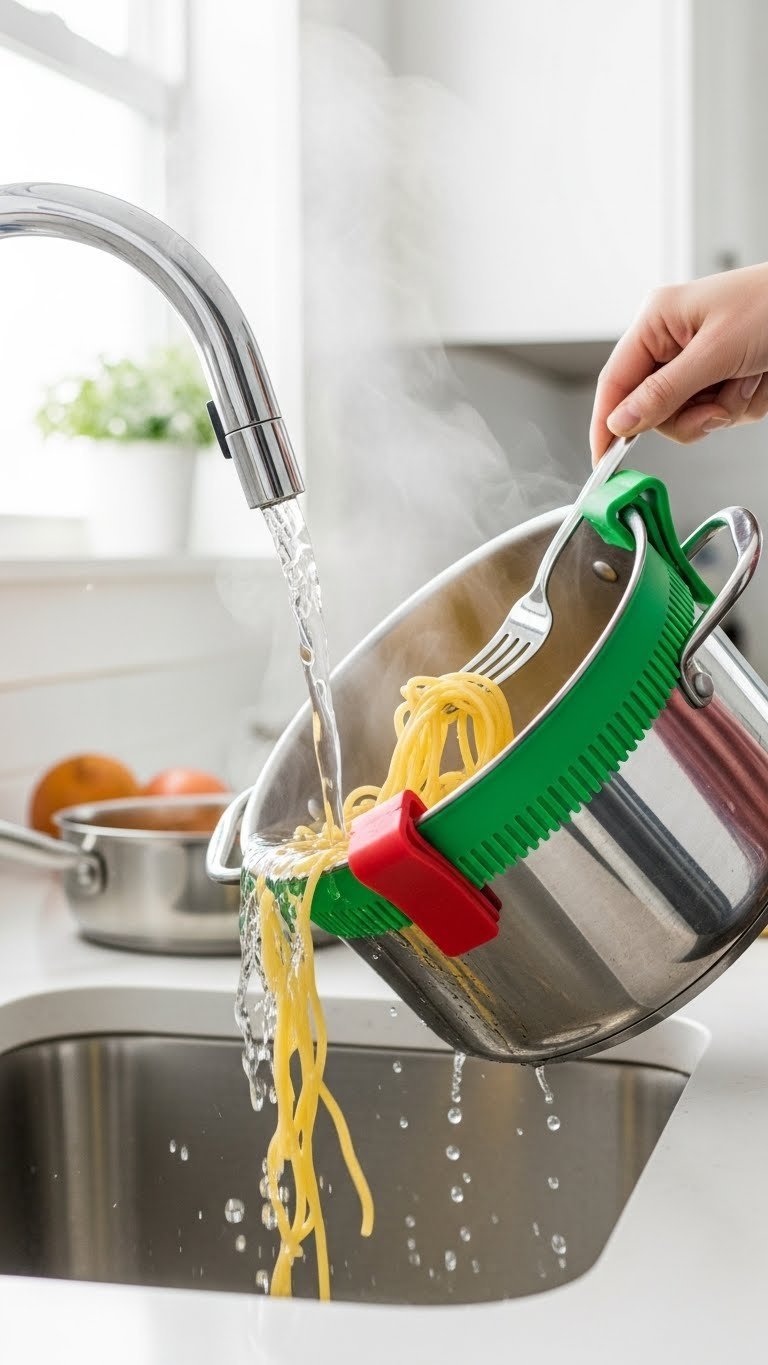 Bright red silicone clip-on strainer draining pasta water from stainless steel pot with steam rising
