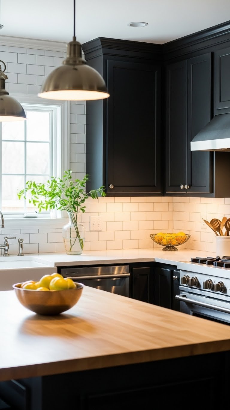 Bright rustic black kitchen with under-cabinet lighting, pendant lights, and glossy white subway tile backsplash