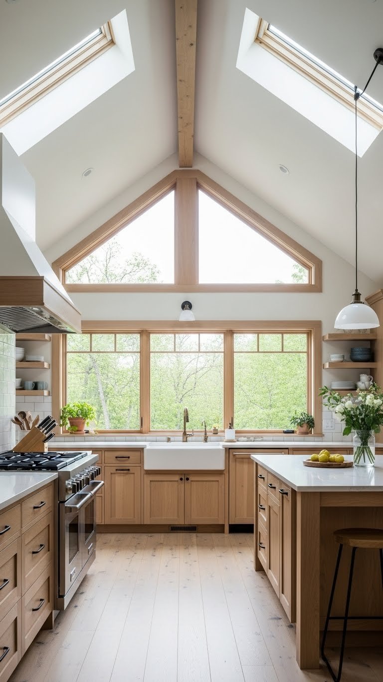 Bright rustic kitchen with vaulted ceiling skylights, expansive windows, light wood cabinetry, and natural outdoor views.