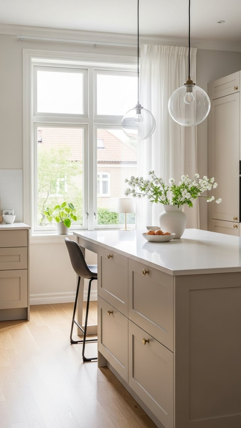 Bright scandi kitchen flooded with natural light through large window illuminating beige cabinets