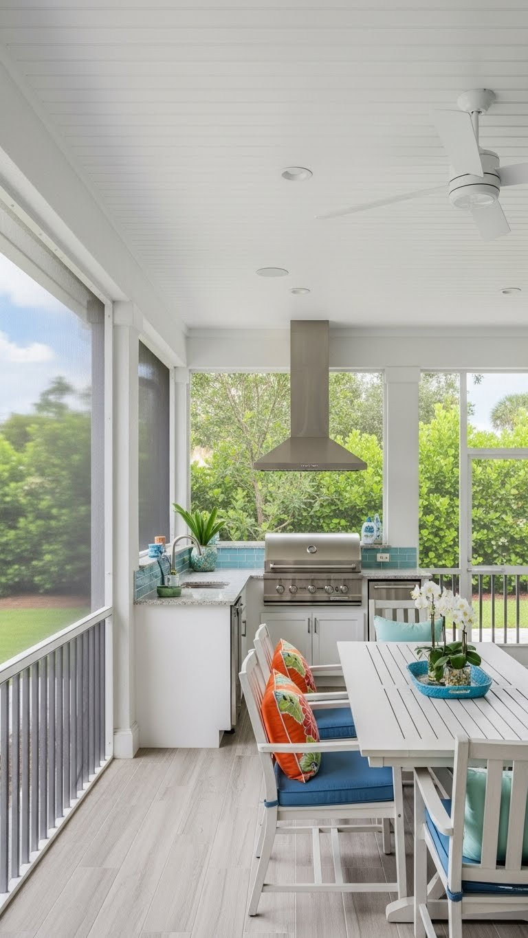 Bright screened porch outdoor kitchen with white cabinetry and blue tile backsplash featuring built-in grill and dining table