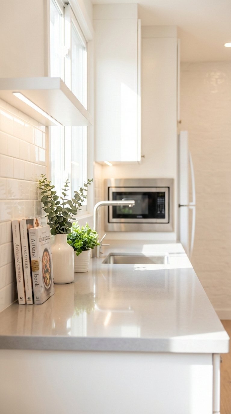Bright small galley kitchen with glossy white subway tiles and reflective quartz countertops enhancing light
