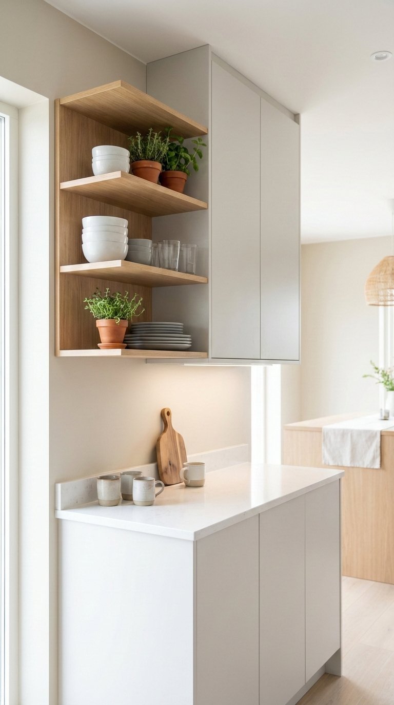 Bright small kitchen featuring elegant open wooden shelves with dishware and minimalist upper cabinetry