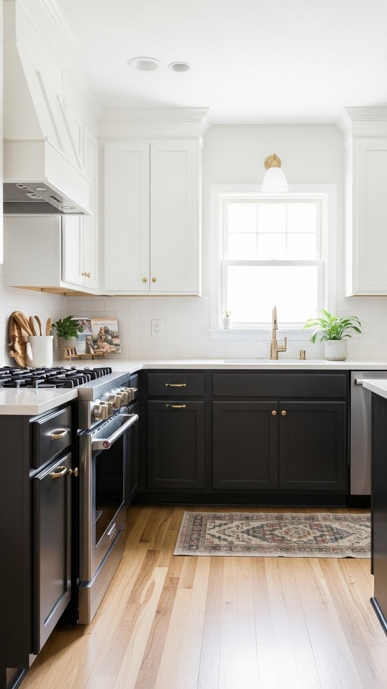 Bright small kitchen with dark espresso cabinets, light hardwood floors, and white walls creating open, airy space