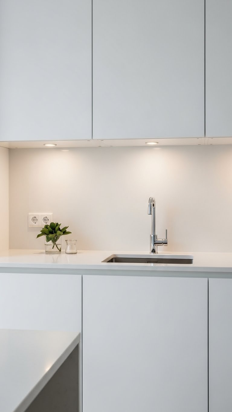 Bright small kitchen with high-gloss backsplash and recessed lighting creating airy space
