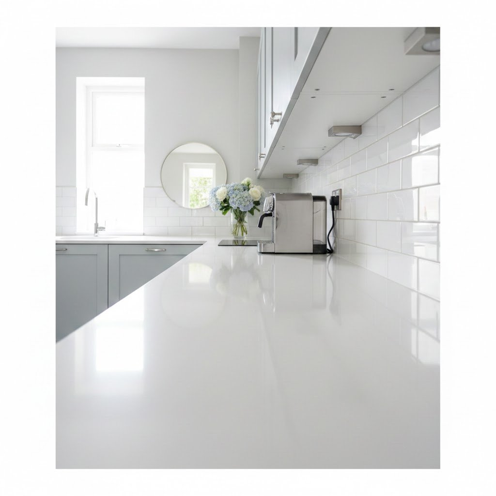 Bright small kitchen with reflective surfaces and light colors creating illusion of spaciousness