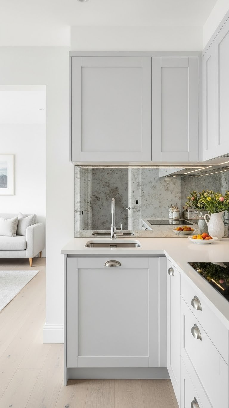 Bright small open-plan kitchen with light-colored cabinets and reflective surfaces maximizing natural light