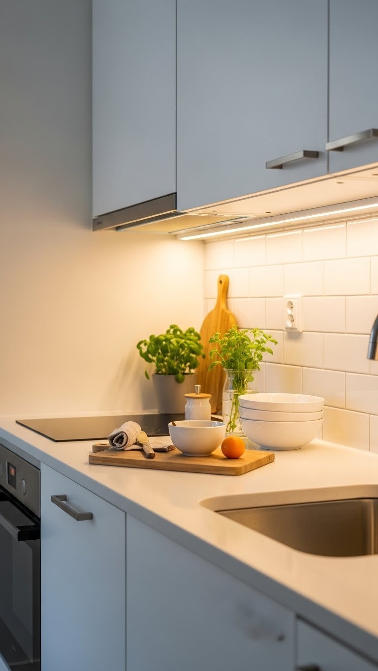 Bright studio kitchen with quartz countertops, subway tile backsplash, and under-cabinet lighting