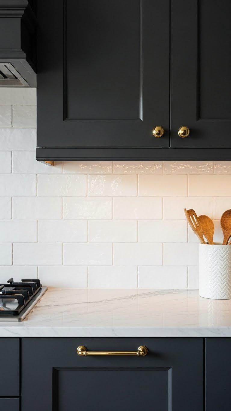 Bright textured white zellige tile backsplash contrasting deep charcoal gray cabinets, showing light and shadow play.