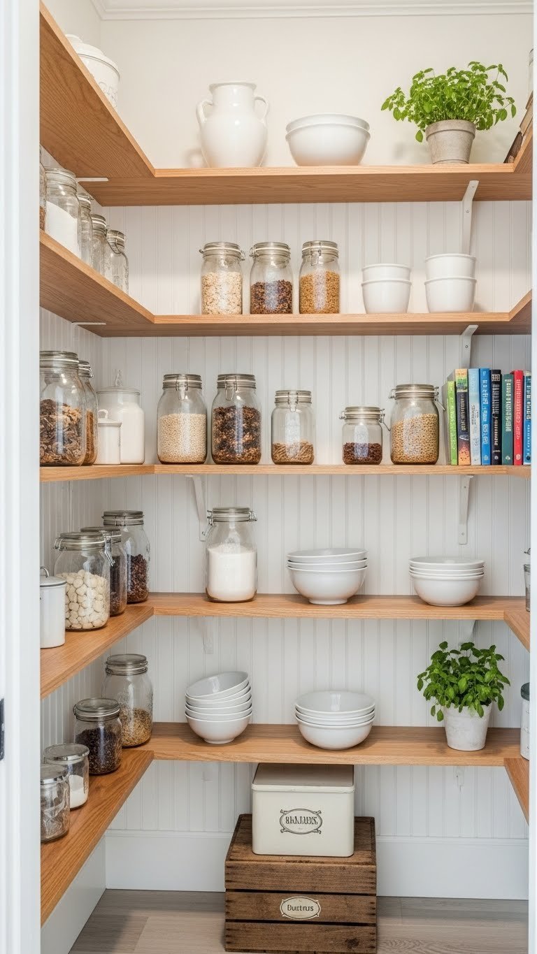 Bright walk-in kitchen pantry featuring white beadboard, natural wood open shelves with glass jars, ceramic bowls, and vintage cookbooks.