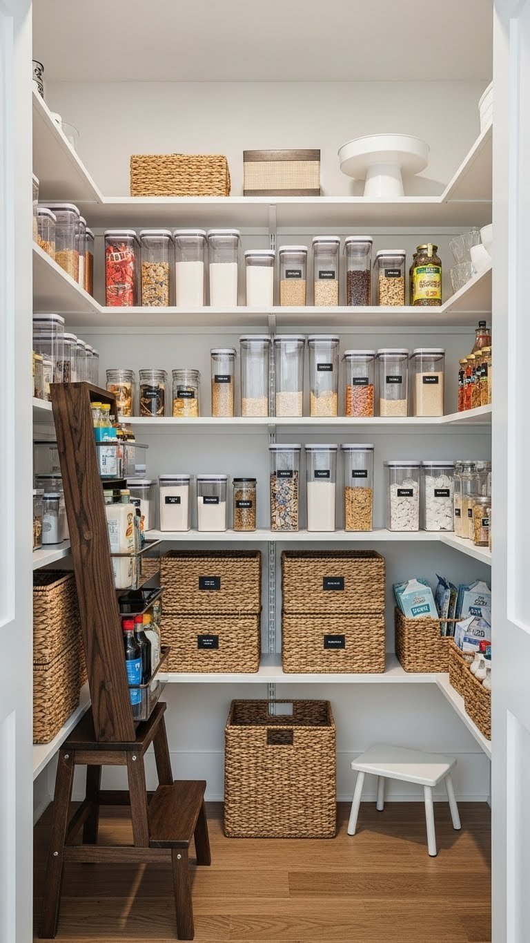 Bright walk-in pantry featuring modern adjustable shelving with clear containers and natural baskets holding neatly organized pantry staples.