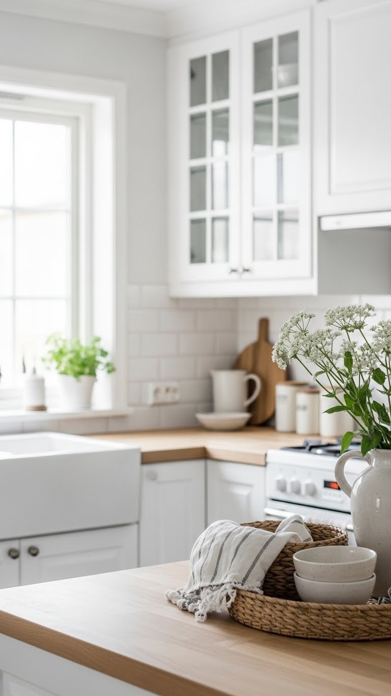 Bright white Scandi farmhouse kitchen corner with natural light, wooden countertops, and soft greenery accents in minimalist design