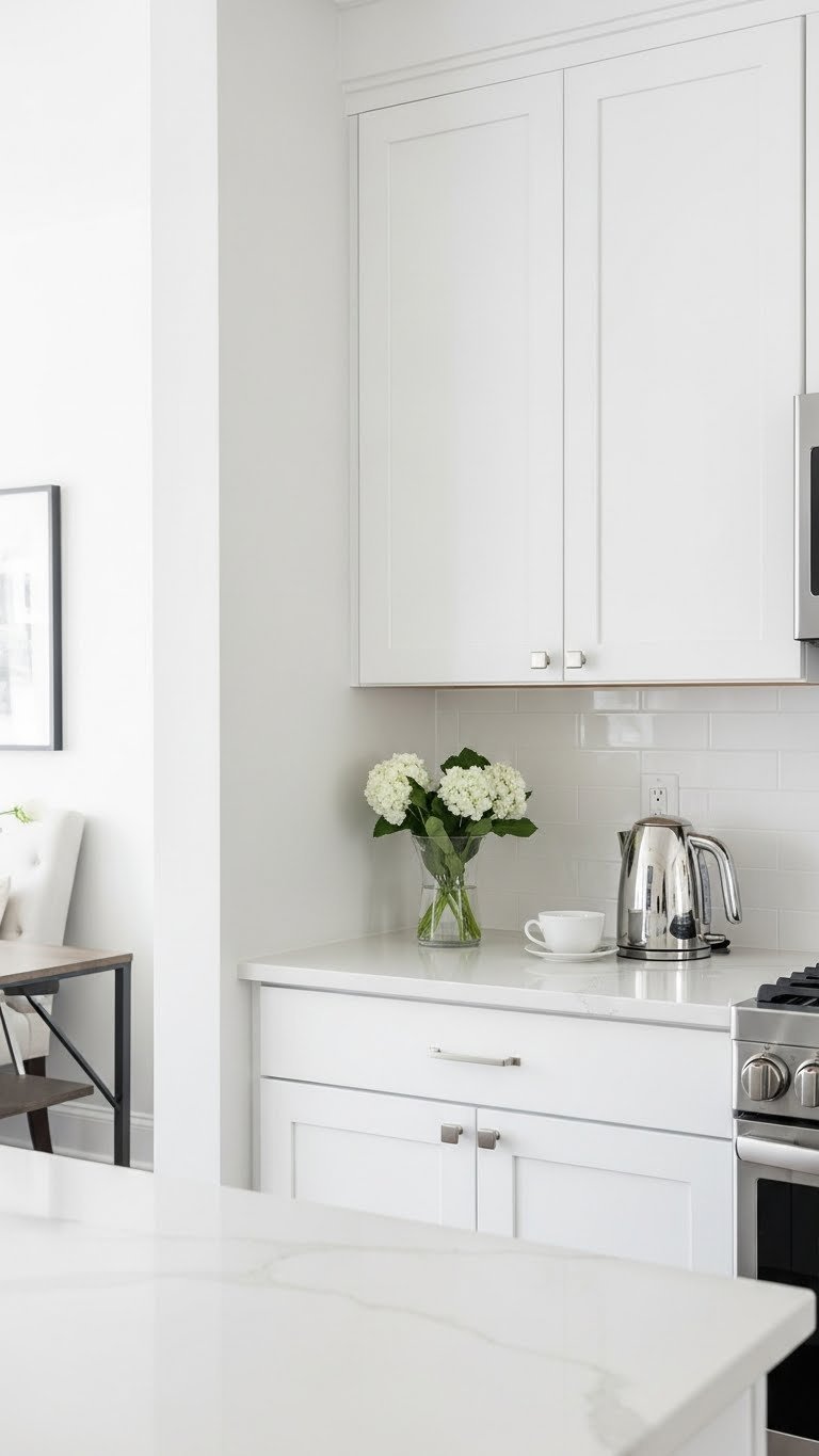 Bright white kitchen corner with high-gloss cabinets and quartz countertop reflecting natural light with minimalist white floral arrangement