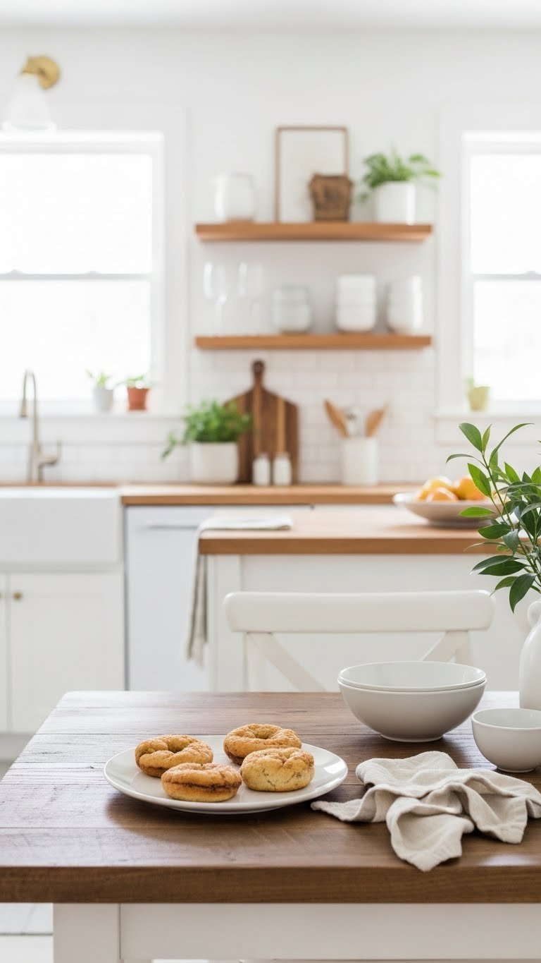 Bright white kitchen with warm wood accents featuring butcher block countertops and open shelving in cozy, inviting atmosphere.