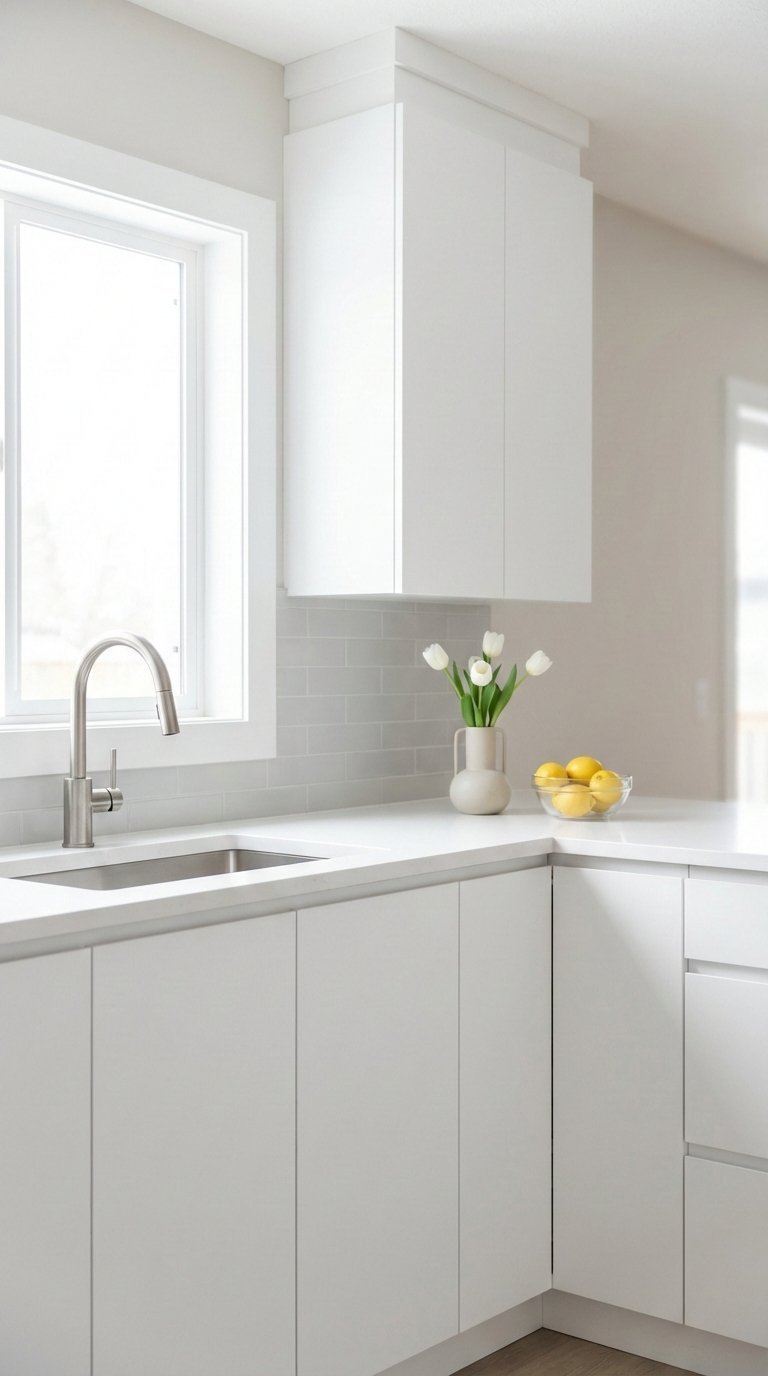 Bright white minimalist L-shaped kitchen with handleless cabinetry and quartz countertops