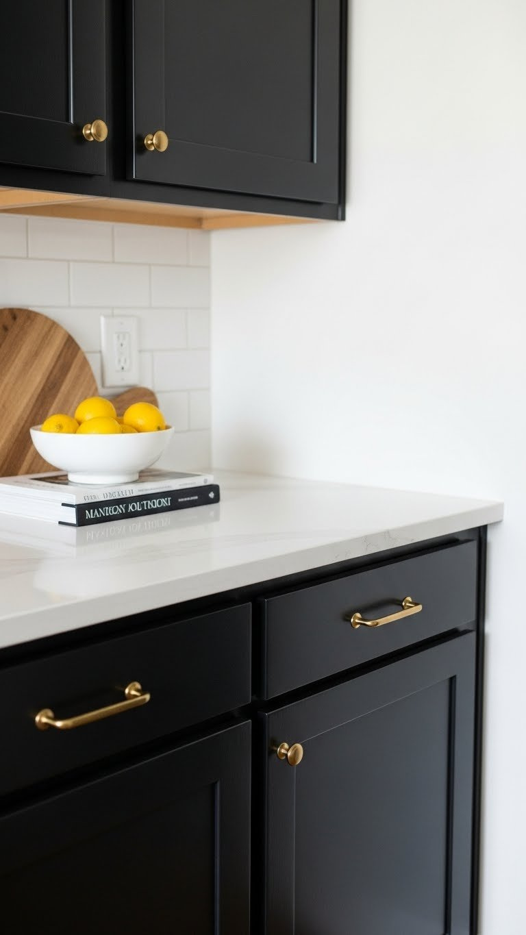 Bright white quartz countertop meeting matte black cabinets with soft daylight creating fresh kitchen contrast.
