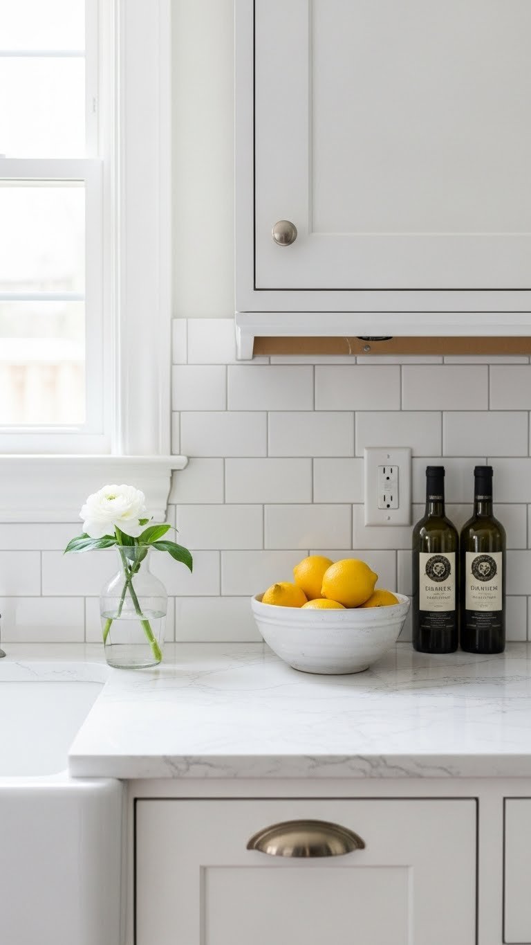 Bright white quartz countertop with subway tile backsplash in a small 60s kitchen, featuring fresh lemons in soft daylight.