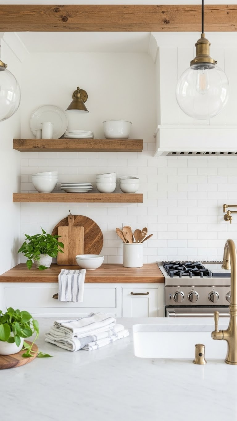 Bright white rustic kitchen with natural wood beams and butcher block countertop featuring white pottery