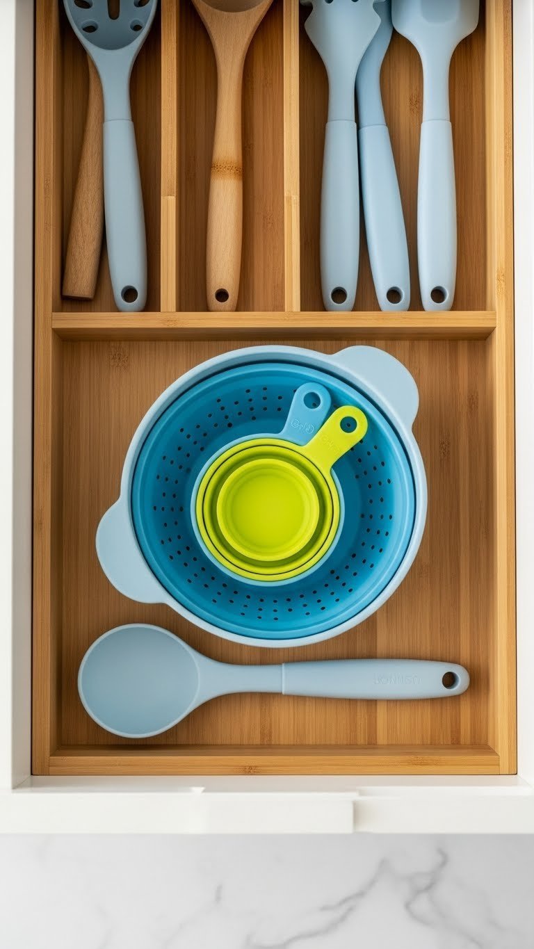 Brightly colored silicone collapsible measuring cups and colander neatly stacked in bamboo drawer organizer with minimalist kitchen backdrop