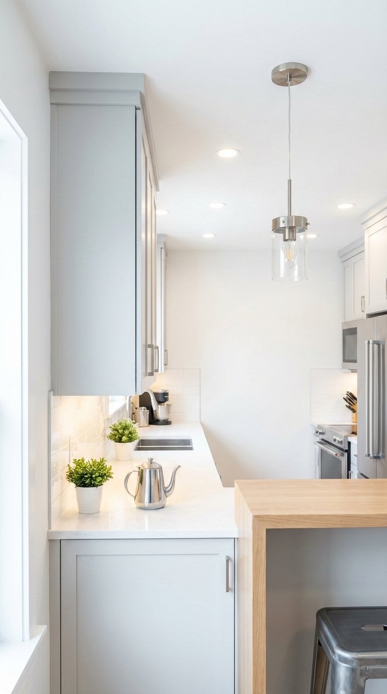 Brightly lit small kitchen showcasing LED task lighting under cabinets, recessed ceiling lights, and pendant light over breakfast bar for expanded space illusion.