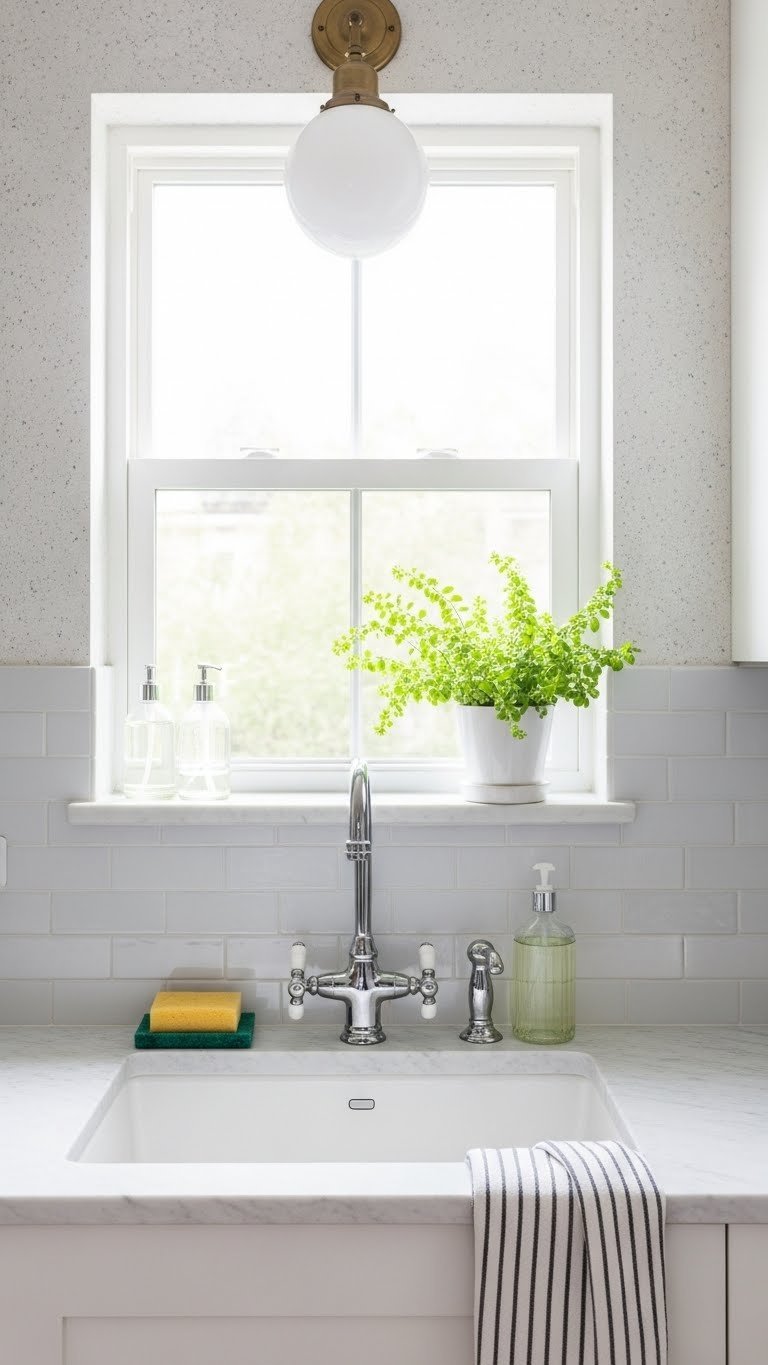 Brightly tiled backsplash above modern sink with vibrant plant and soap dispenser in windowless kitchen