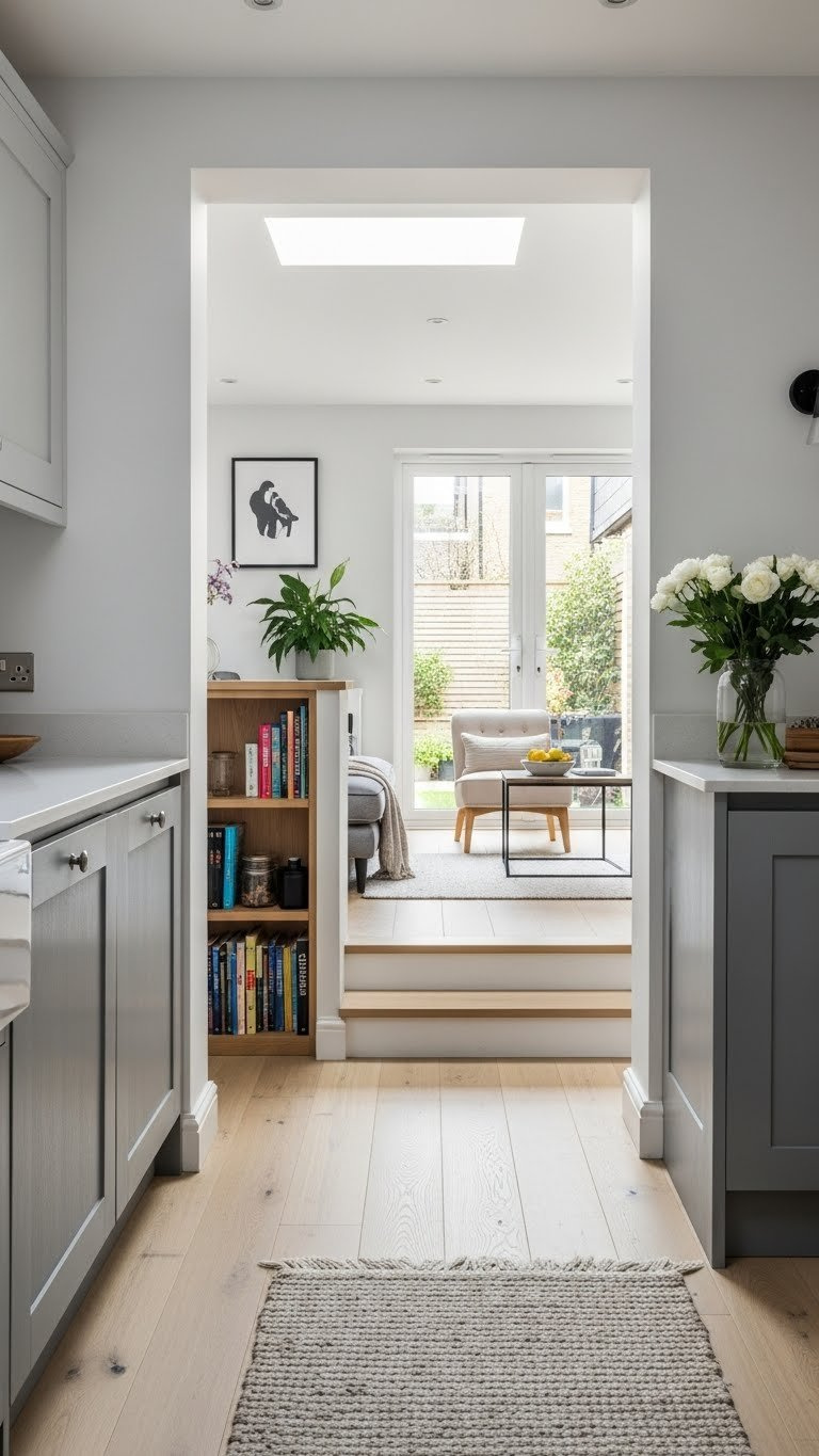 Broken plan layout kitchen extension with low wall divider separating cooking and dining zones for defined functional spaces.