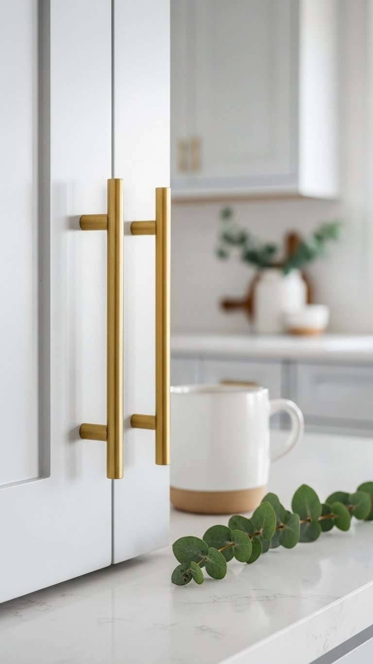 Brushed brass finger pulls and round knobs on light grey contemporary cabinets with bright daylight and minimalist modern kitchen backdrop.