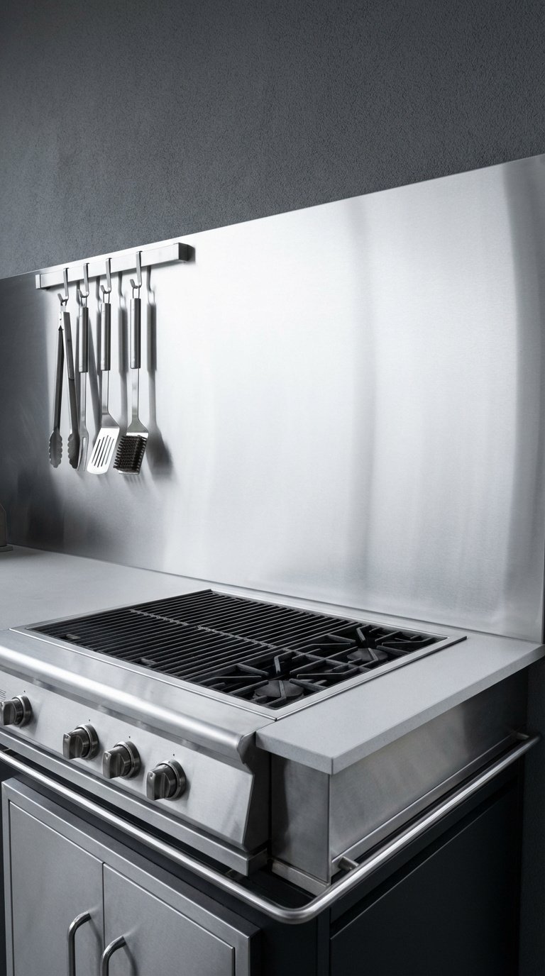 Outdoor Kitchen Tile Backsplash Ideas Materials And Installation Guide 7 Brushed stainless steel backsplash reflecting professional gas grill on quartz countertop in modern outdoor kitchen