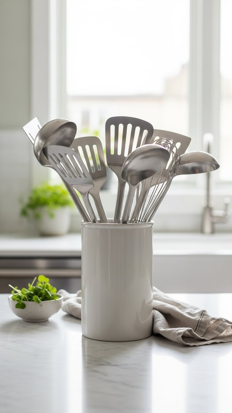 Brushed stainless steel utensils in ceramic crock on marble countertop with soft bokeh kitchen background